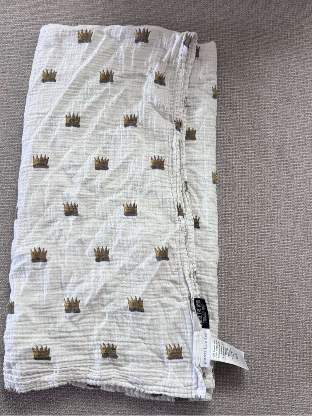Pottery Barn Kids White Muslin Swaddle with Gold Crown Accents 47X47
